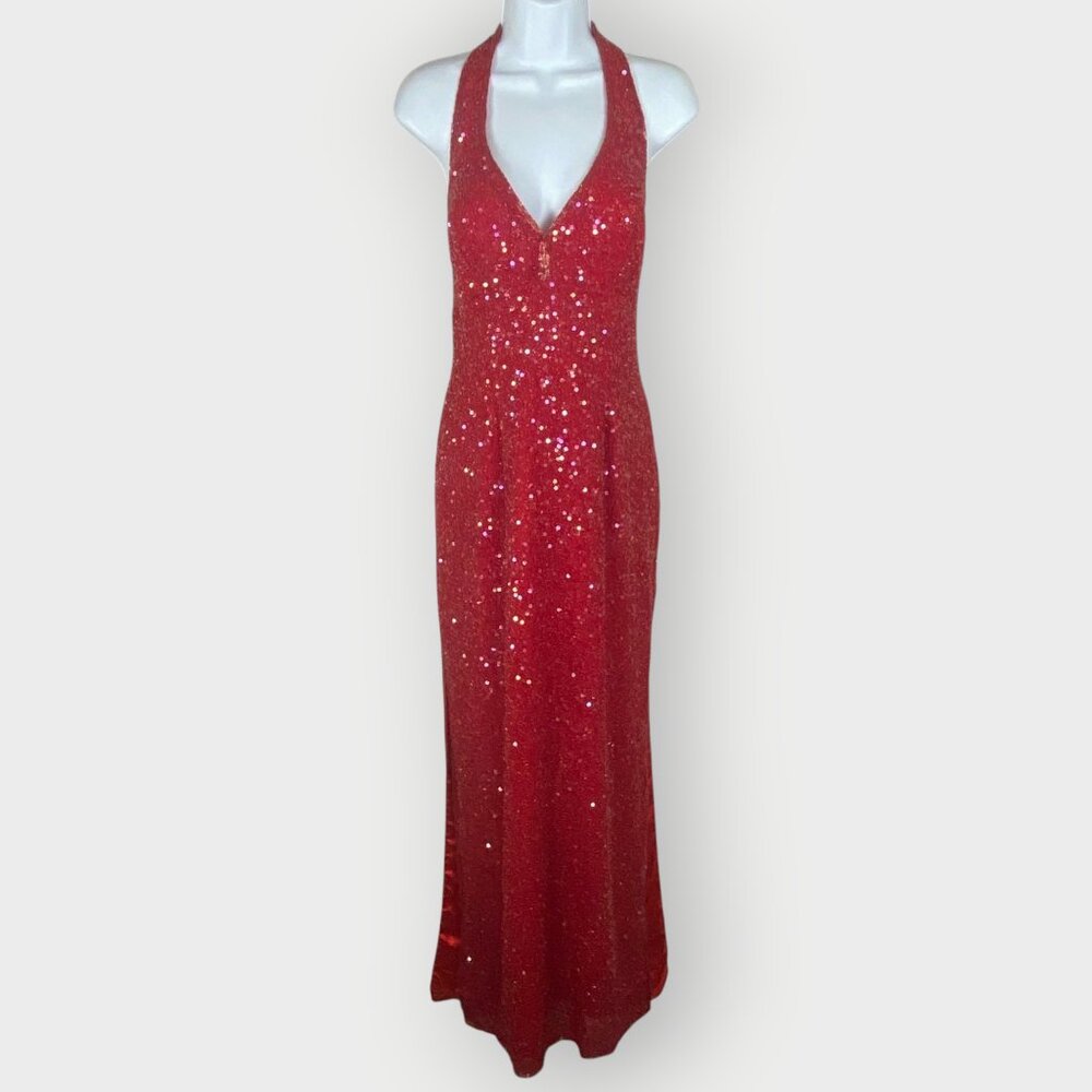 Vtg Scala Silk Formal Dress | Red Sequin Beaded Open Back | Holiday Party Ball